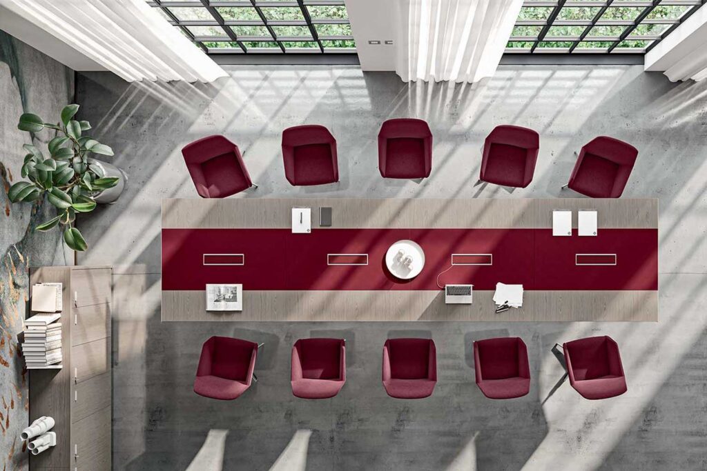 Aménagement de salles de réunion professionnelles avec tables de conférence, chaises ergonomiques et solutions acoustiques pour espaces de travail collaboratifs.