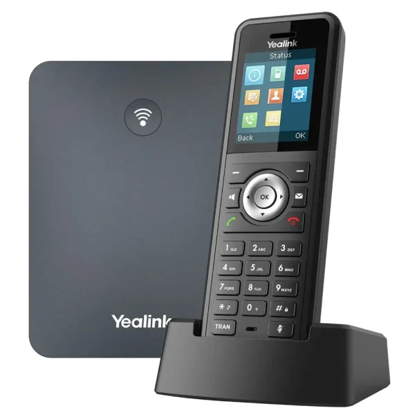 Téléphone DECT sans fil Yealink W79P avec station de base et combiné dans son socle de chargement, équipé d'un écran couleur et de boutons de navigation.