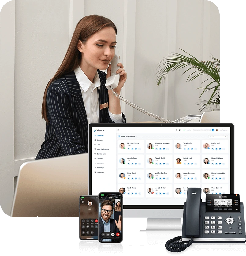 Professionnelle au téléphone IP devant un écran de standard PBX, illustrant une solution de téléphonie unifiée pour entreprises.