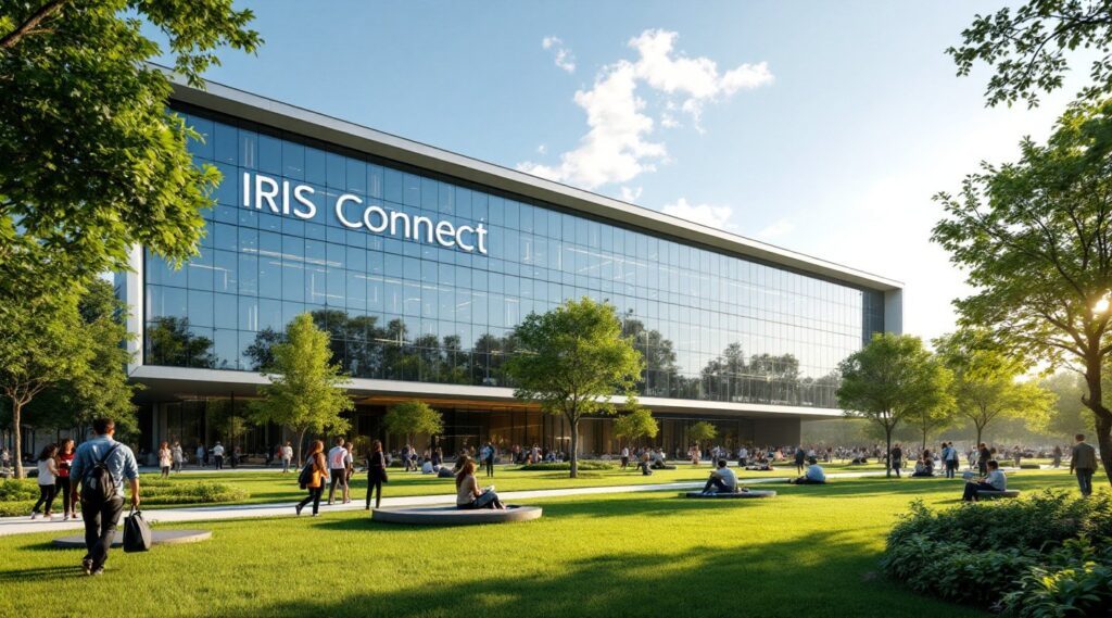 Immeuble de bureau moderne IRIS Connect avec façade vitrée, architecture contemporaine et espaces verts aménagés pour environnement de travail premium