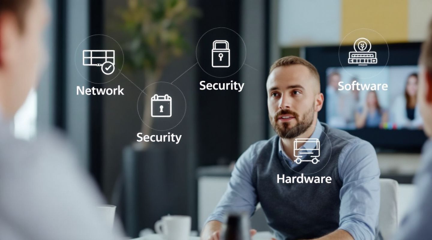 Un décideur analysant les composantes d'un écosystème de visioconférence professionnel pour une prise de décision stratégique.