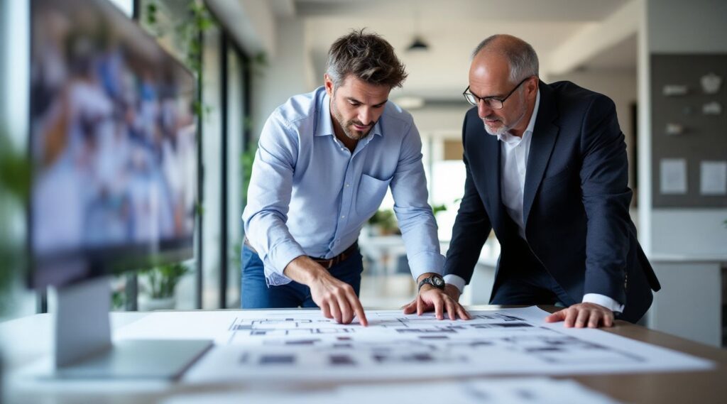 Deux hommes, un jeune et un plus âgé, debout autour d'une table, examinant des plans d'architecture dans un bureau.