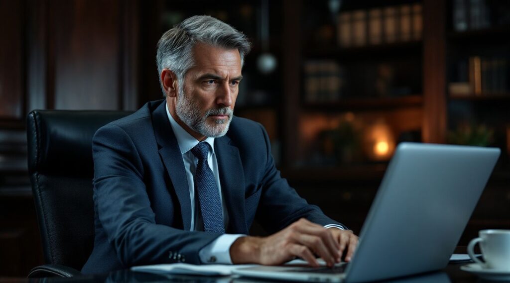 Un avocat dans son bureau utilise une solution de visioconférence sécurisée pour une consultation confidentielle.