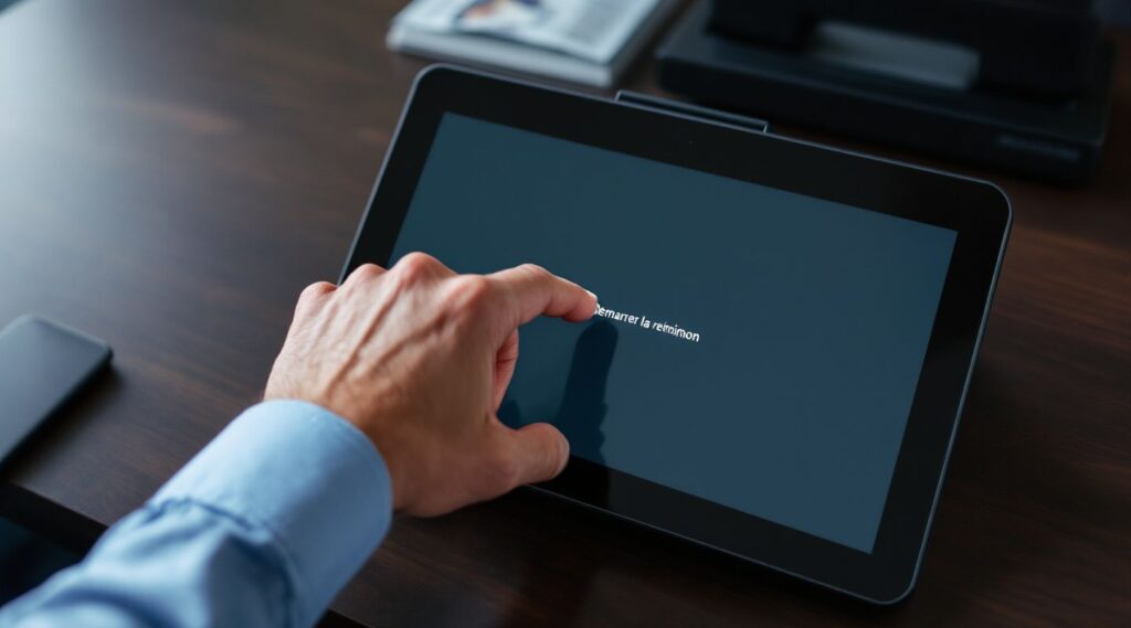 Un professionnel démarrant une visioconférence sécurisée en un clic depuis une console de contrôle tactile.
