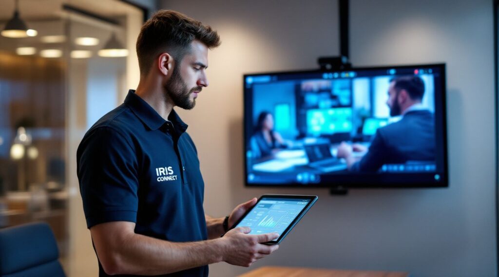 Un technicien expert en maintenance de visioconférence effectuant une vérification sur un système en salle de réunion.