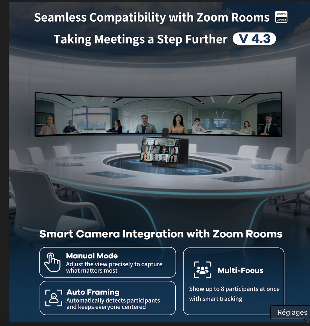 Salle de réunion de direction équipée du Kandao Meeting Pro, caméra 360° tout-en-un pour visioconférence avec Zoom Rooms