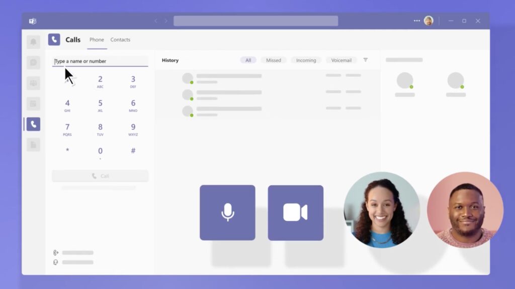 Interface de l'application Microsoft Teams montrant la fonctionnalité de téléphonie Teams Phone, avec le clavier de numérotation, l'historique des appels et une visioconférence active.